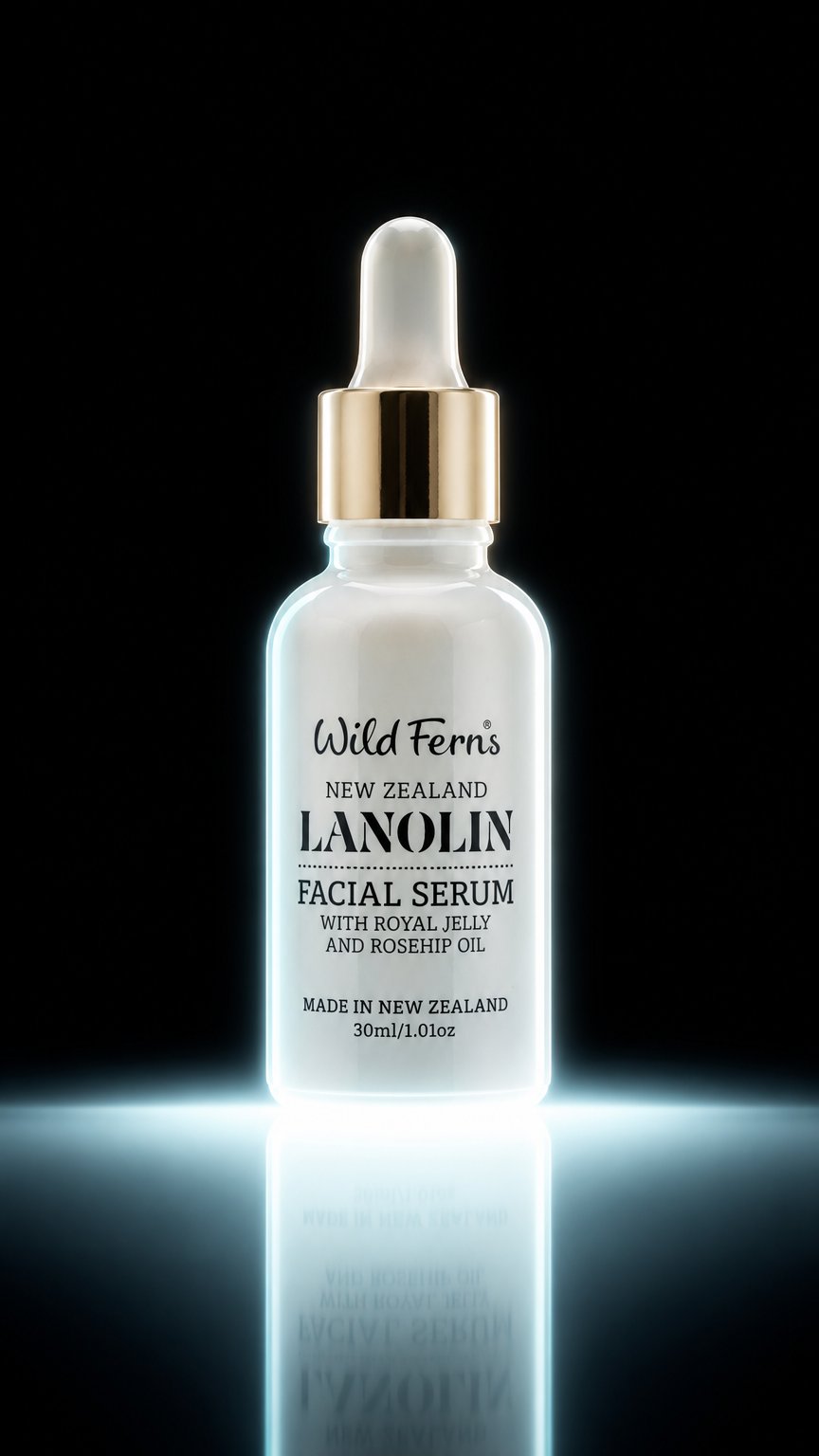 AI product shot of Lanolin Facial Serum with Royal Jelly and Rose Hip Oil, 30 ml