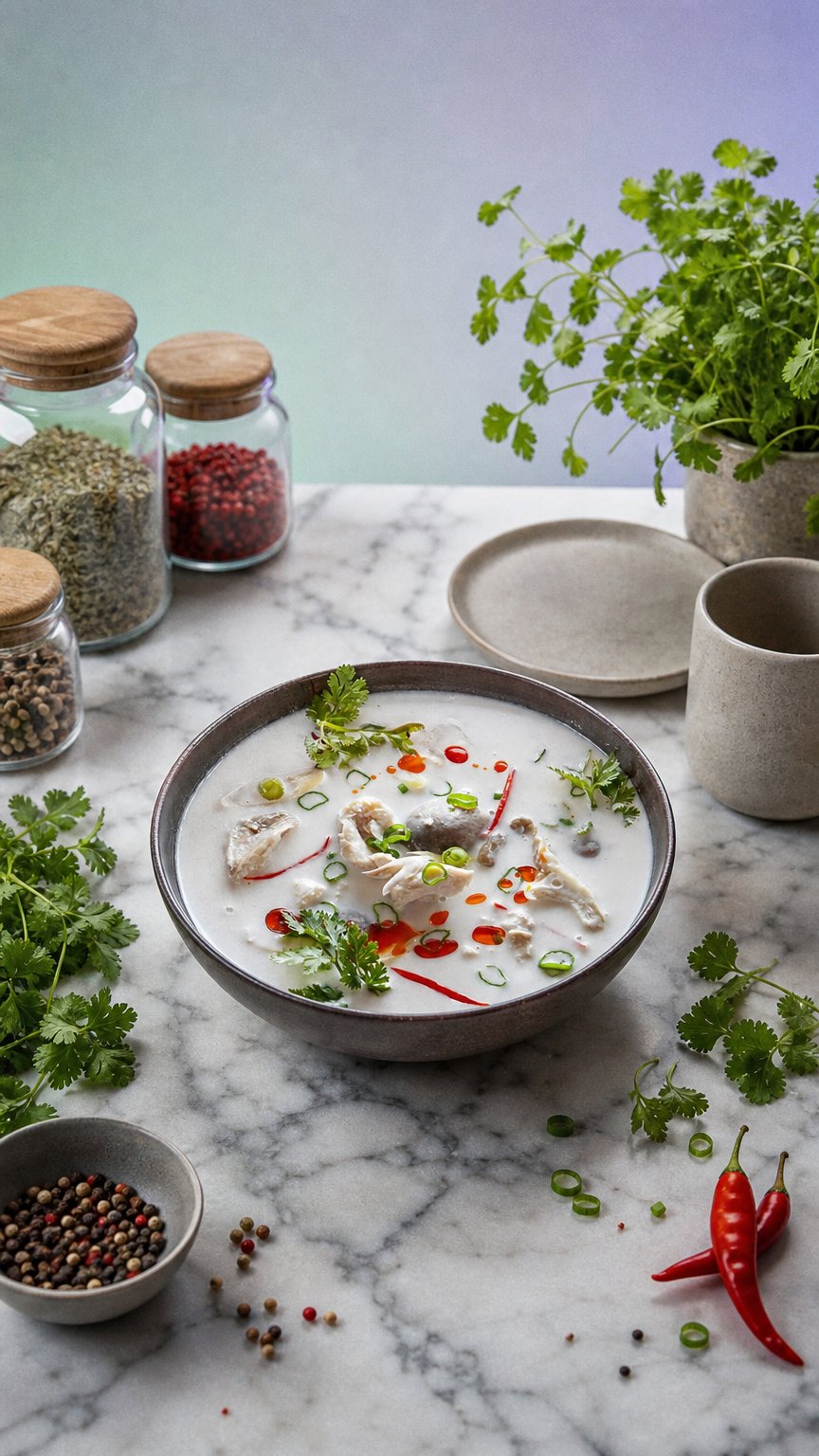 AI product shot of Thai kokossuppe opskrift