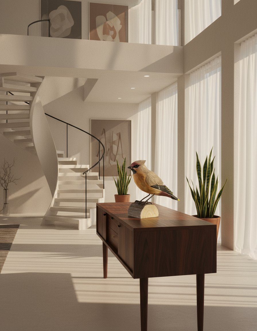 AI product shot of Silkehale DecoBird - Håndskåret Træfigur Af Wildlife Garden