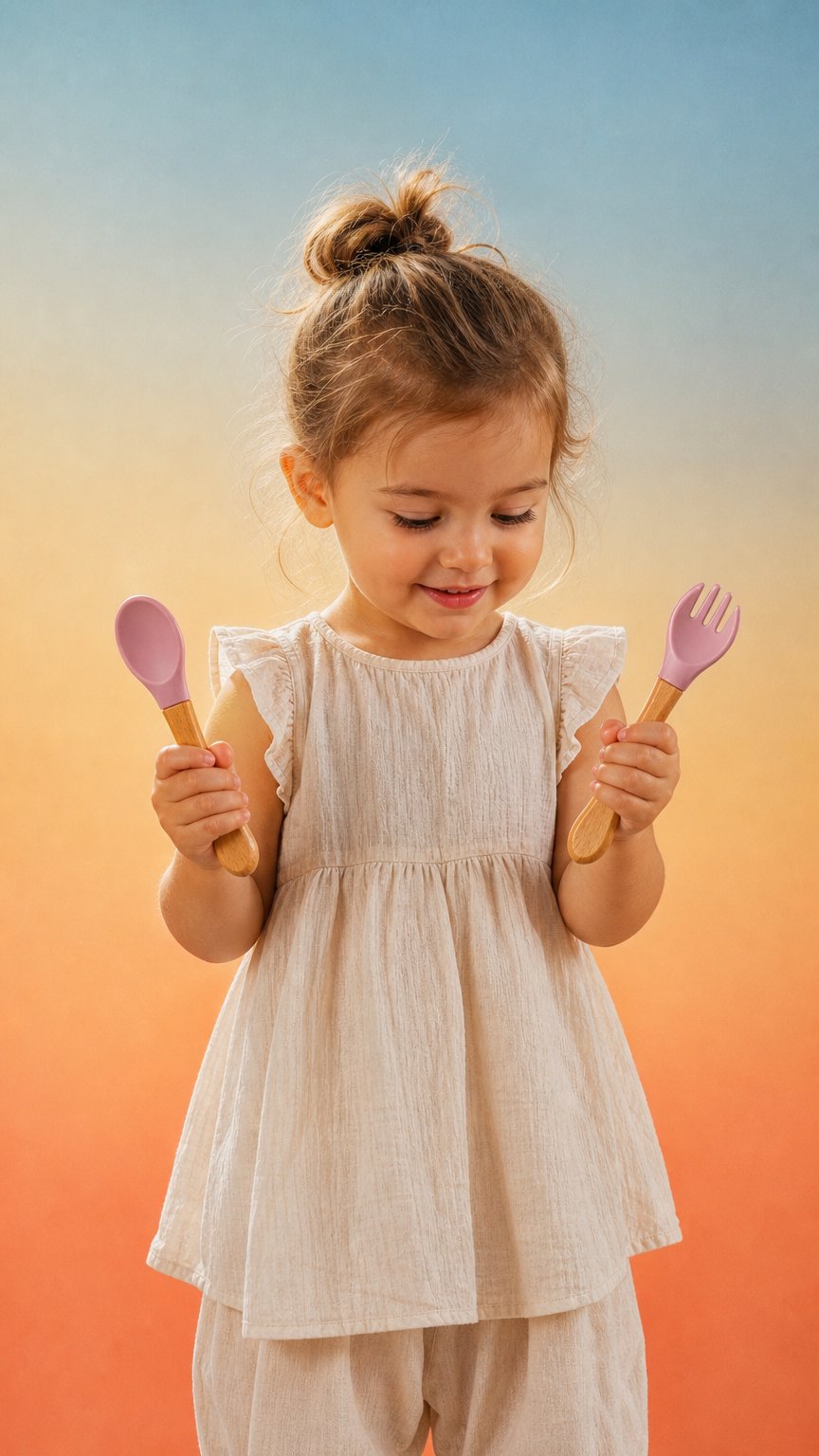 AI product shot of Silicone Spoon & Fork Set for Toddlers