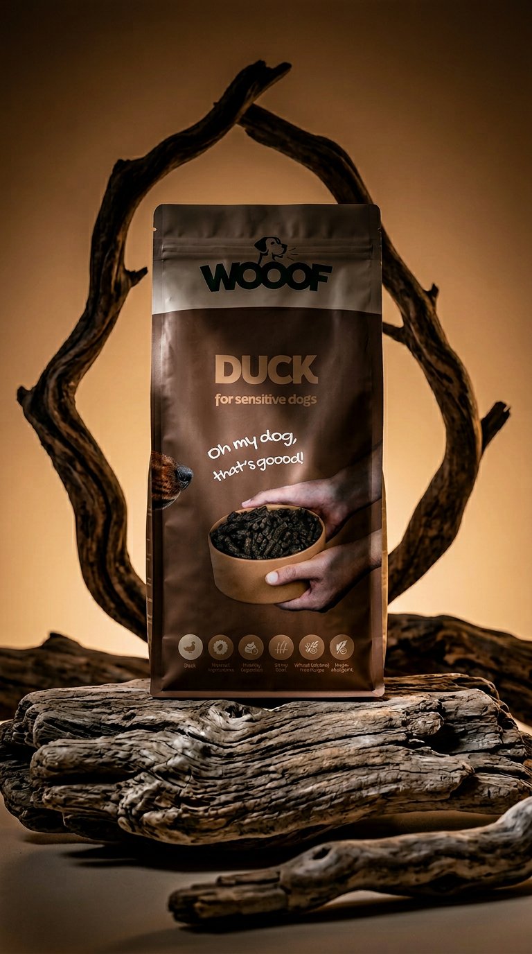 AI product shot of WOOOF eend hondenbrokken - Geperst