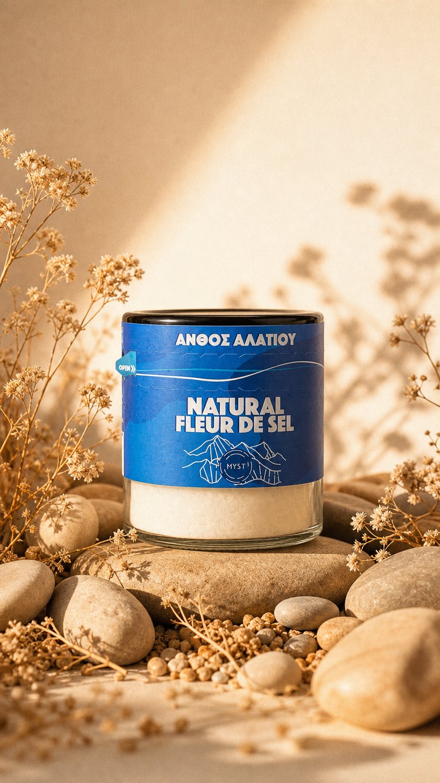 AI product shot of Premium Fleur De Sel Greek Sea Salt Blossom 200g
