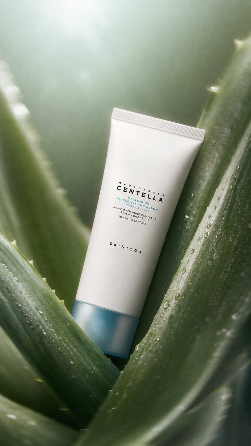 AI product shot of SKIN1004 Madagascar Centella Hyalu-Cica Water-Fit Sun Serum SPF50+