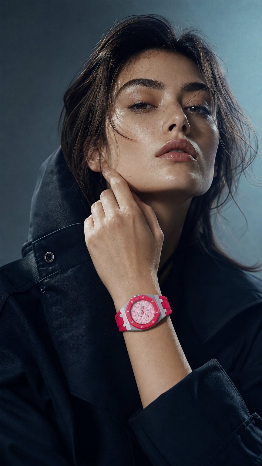 AI product shot of Red Steel Case & Rubber Strap — for AP × Swatch Royal Pop (Crown at 12)