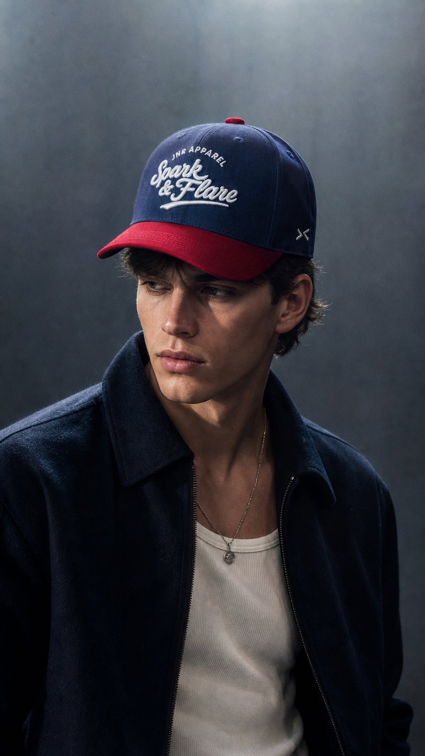 AI product shot of Spark & Flare Signature - Adjustable Snapback Baseball Cap – Navy x Red