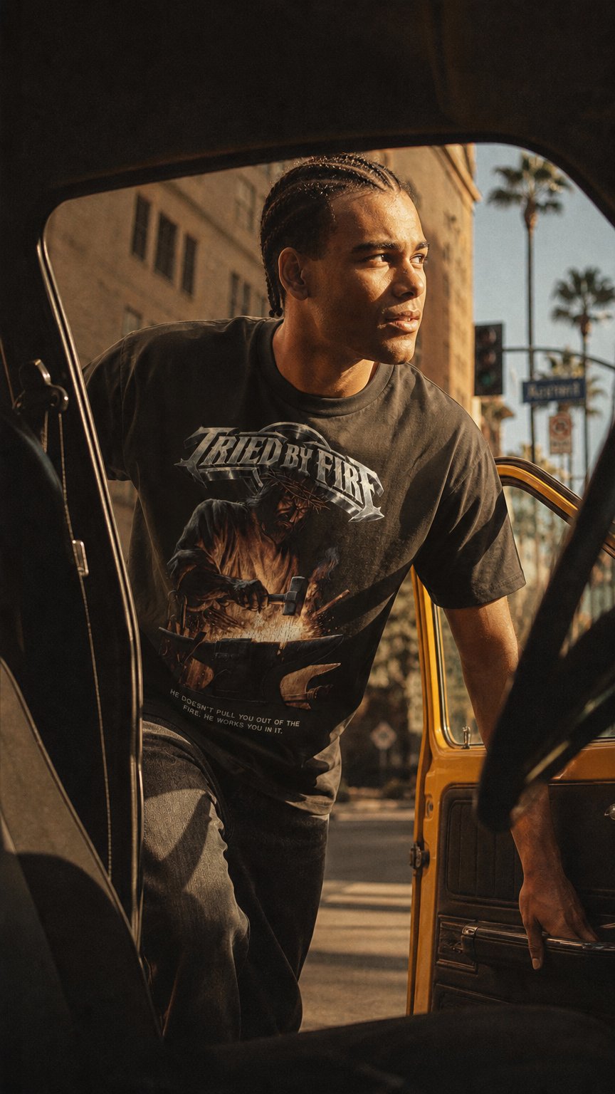 AI product shot of Tried by Fire Tee