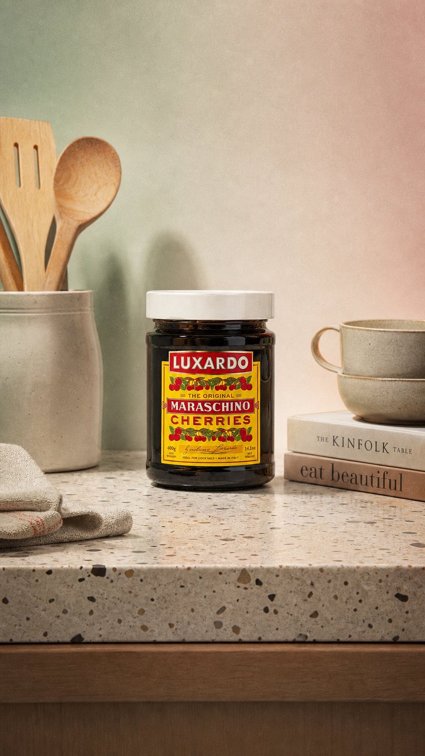 AI product shot of luxardo Gourmet Cocktail Maraschino Cherries | for Old Fashioned, Manhattan and Desserts | Packed in Special Protective Bubble | 400G Jar