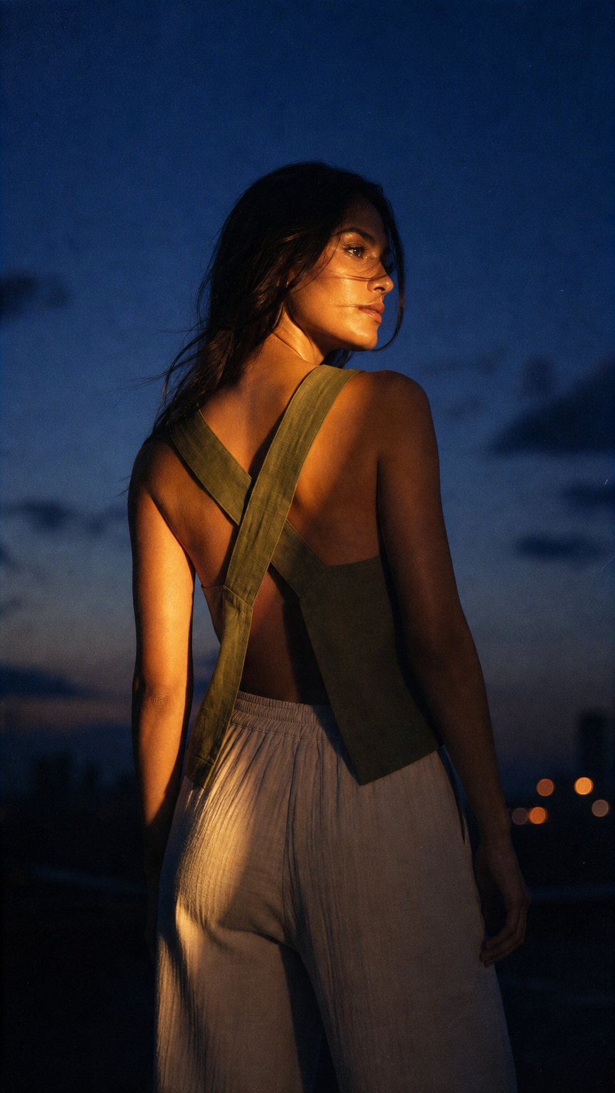 AI product shot of Linen Wide Strap Tank Top - Olive Green
