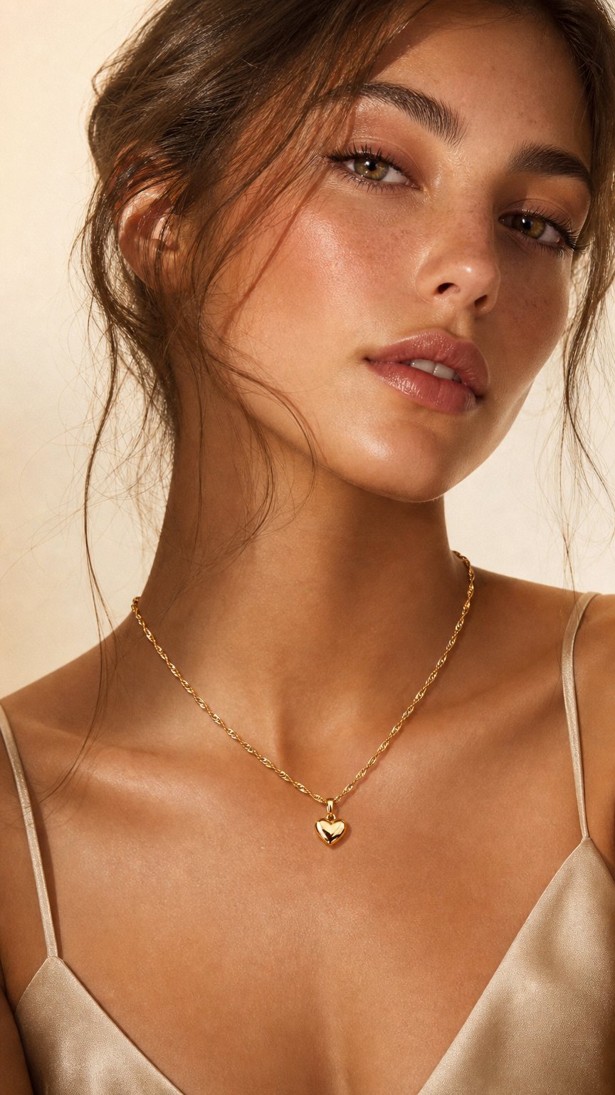 AI product shot of POZŁACANY NASZYJNIK ZE STALI CHIRURGICZNEJ 18K GŁADKI, KLASYCZNE SERCE