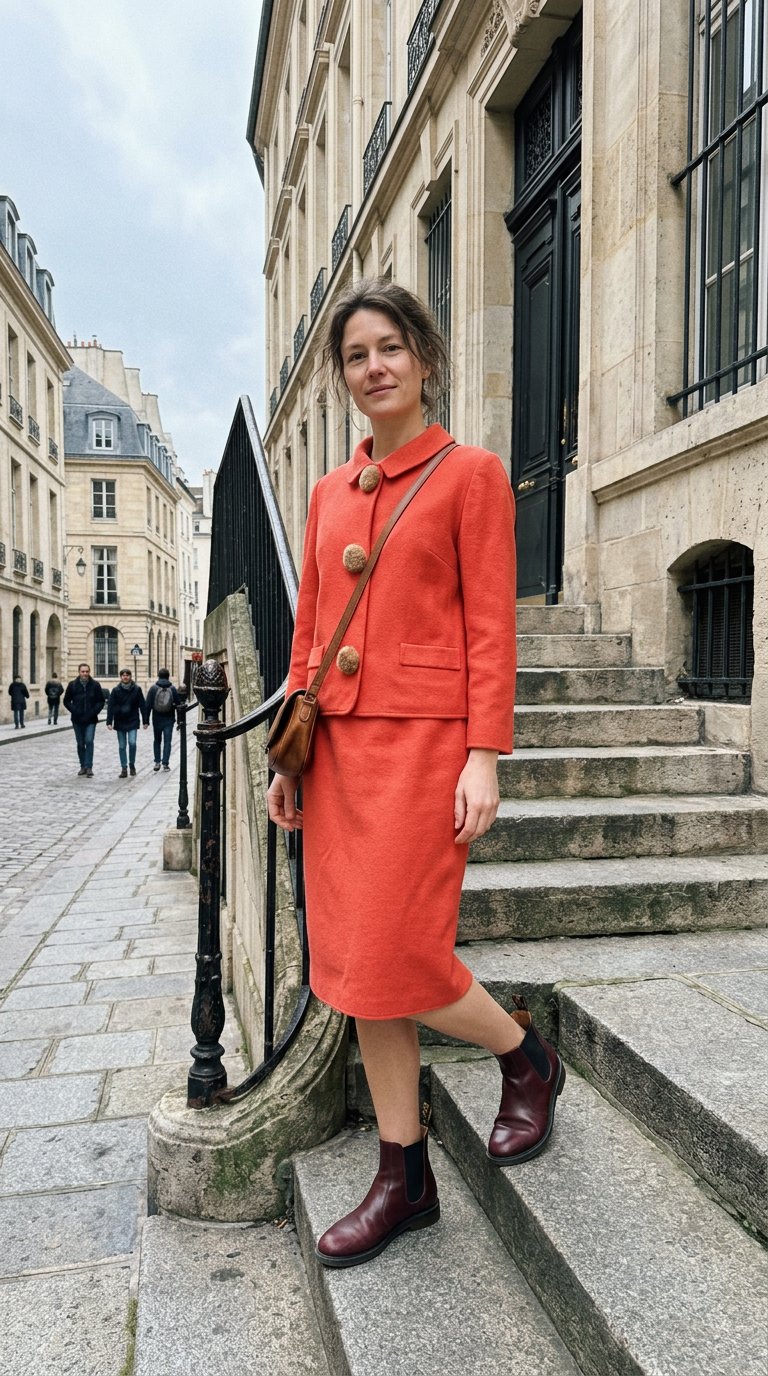 AI product shot of Dior Cashmere skirt suit Coral
