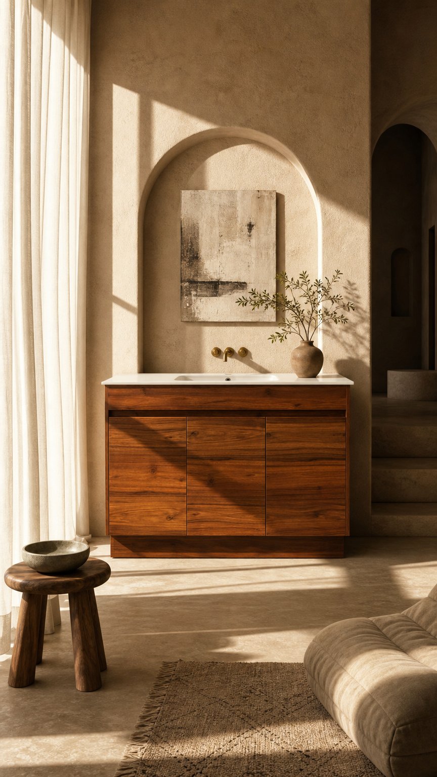 AI product shot of Clarke Walnut 1200 Floor Mount Timber Laminate Vanity