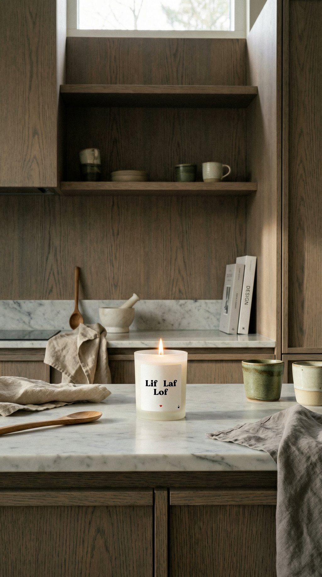 AI product shot of Duftkerze Weiss Woody Lif Laf Lof