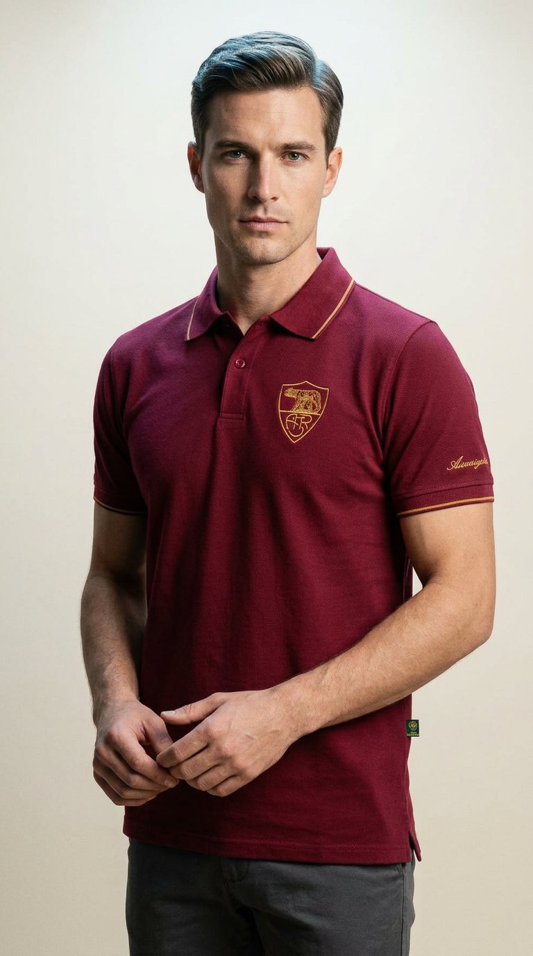 AI product shot of AS Roma Heritage Polo Rosso