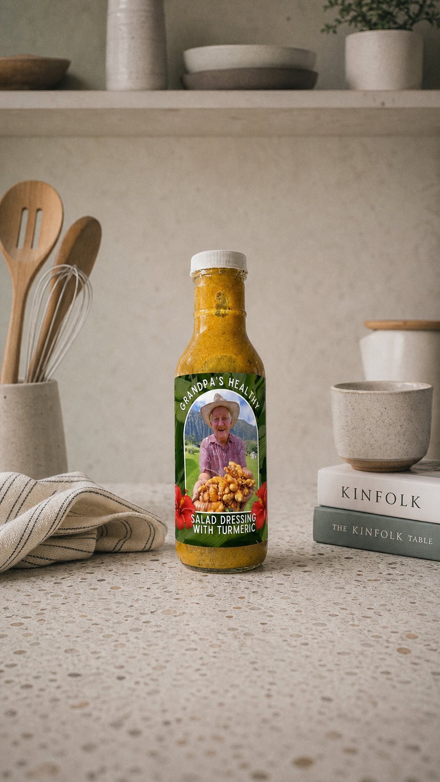 AI product shot of Grandpa's Healthy Salad Dressing withTurmeric