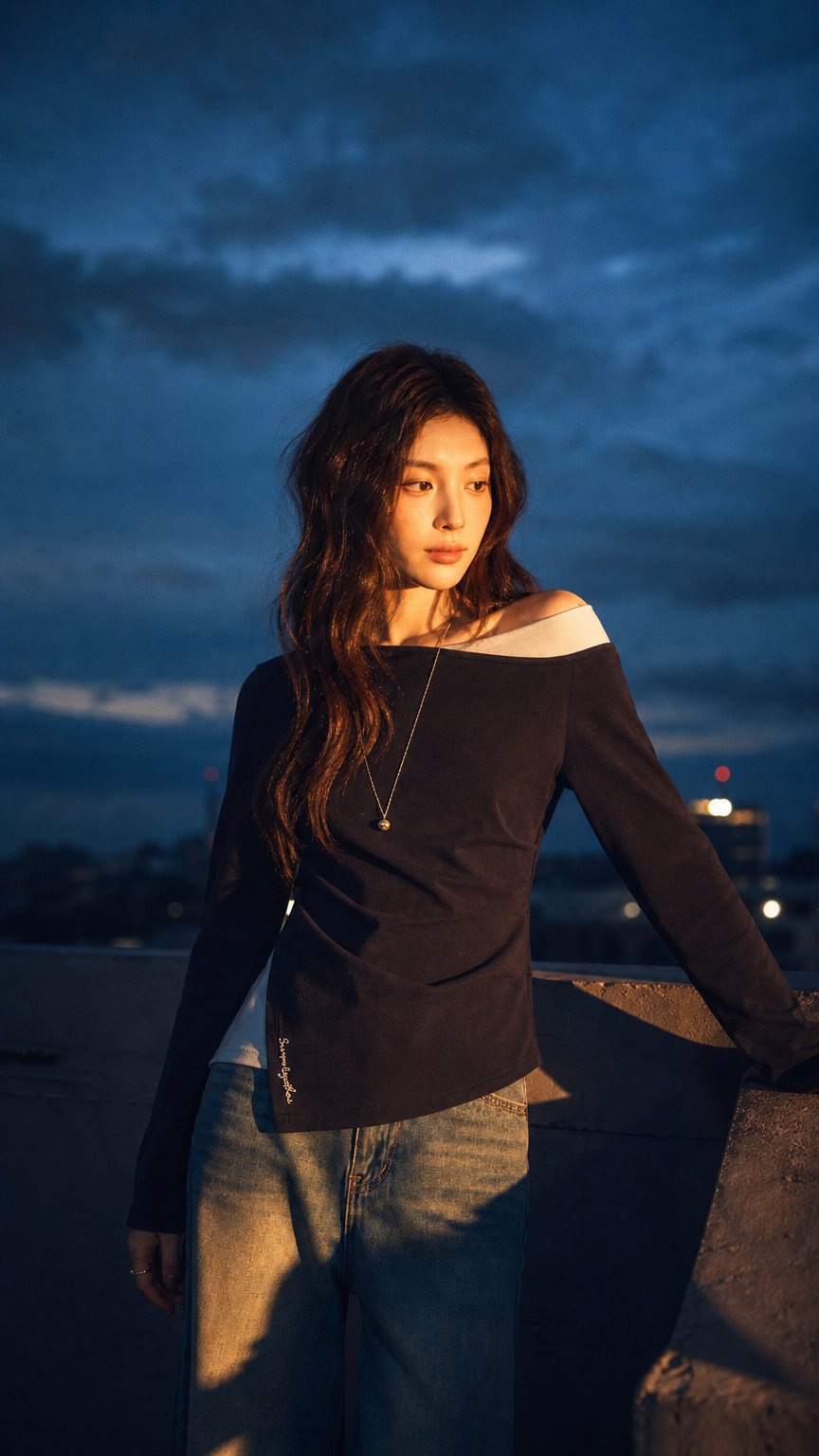 AI product shot of Kaoka – Deep Navy Asymmetrical Off-Shoulder Faux Two-Piece Long Sleeve Top