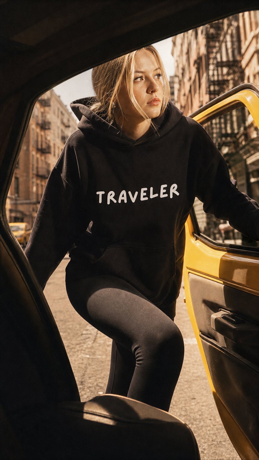 AI product shot of TRAVELER - bluza unisex z kapturem
