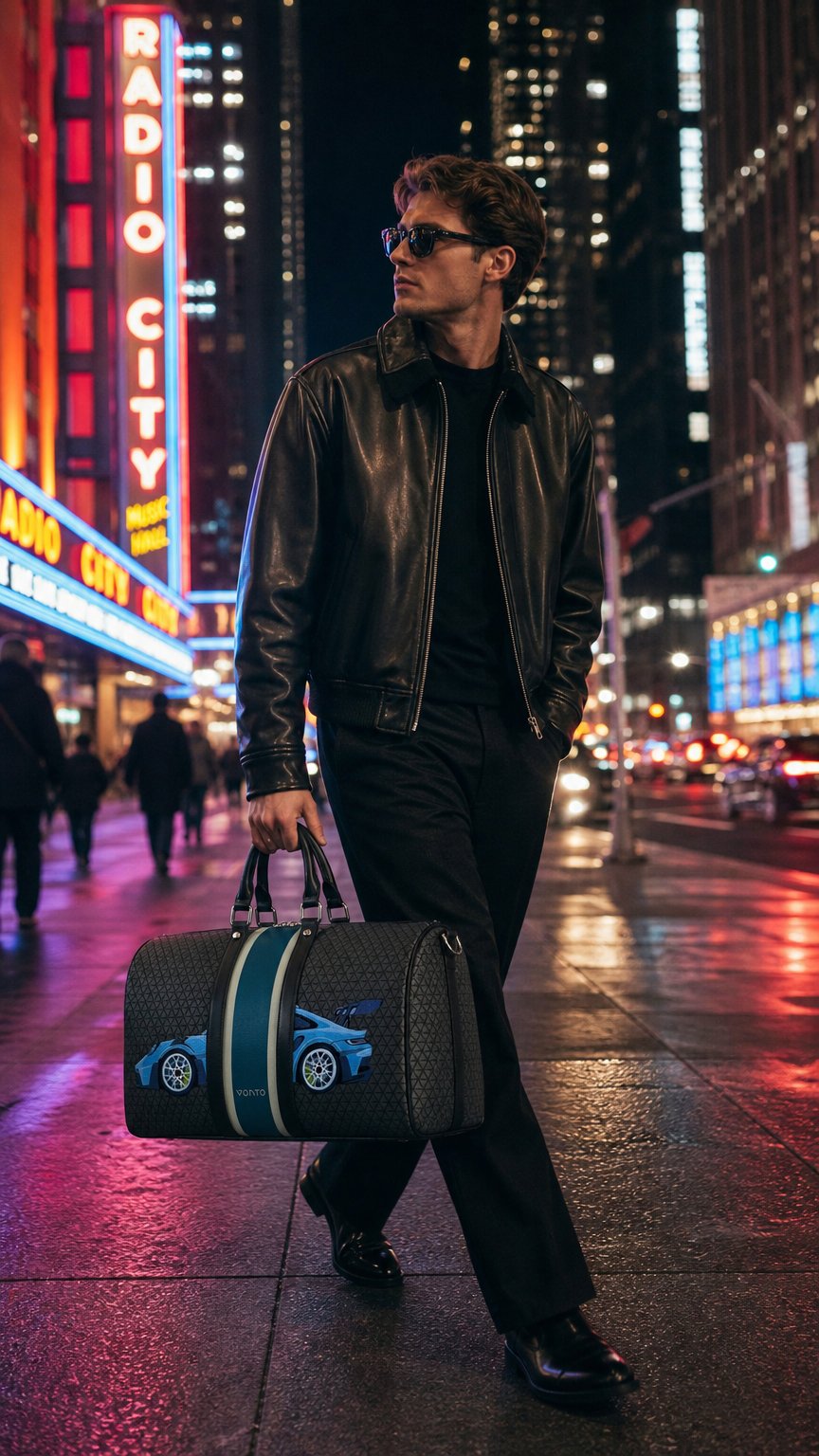AI product shot of Duffle Bag Porsche Drive Blue