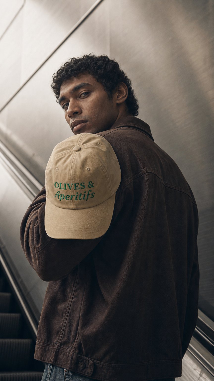 AI product shot of Olives & Aperitifs Dad Cap | Embroidered Olive Motif