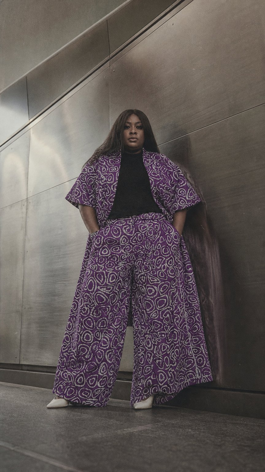 AI product shot of African Print Kimono with Matching Trousers Kimora Kalli