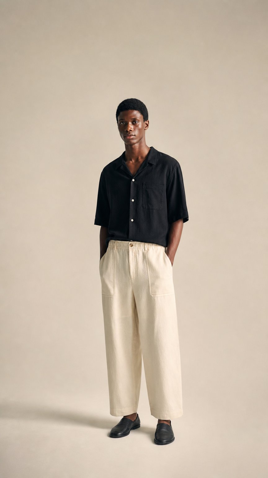 AI product shot of LINEN RELAXED-FIT BARREL-LEG TROUSERS