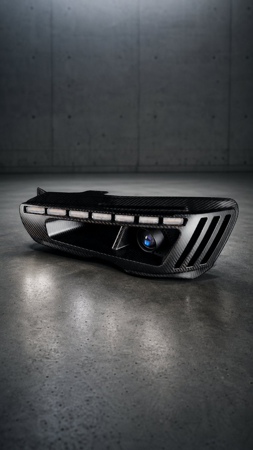 AI product shot of Mitsubishi Evolution X APEX Dry Carbon Vented Headlight with Integrated Projector, DRL & Indicator