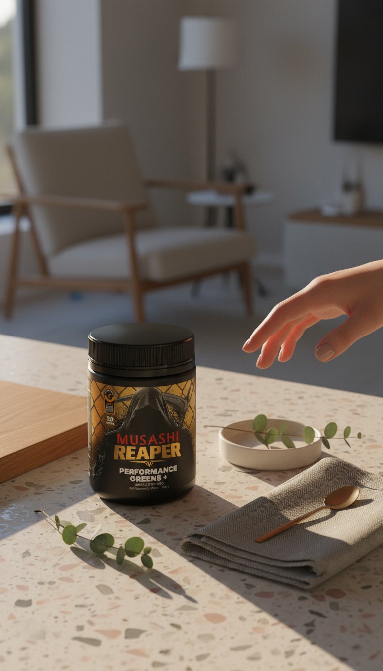 AI product shot of REAPER PERFORMANCE GREENS+ UNFLAVOURED OR FLAVOURED 300g