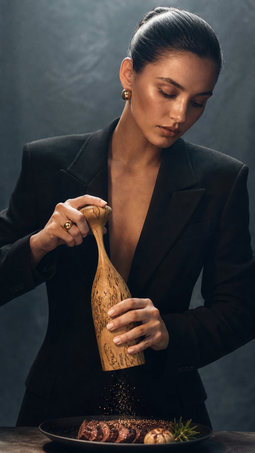 AI product shot of Serratus Pepper Mill - Curly Birch