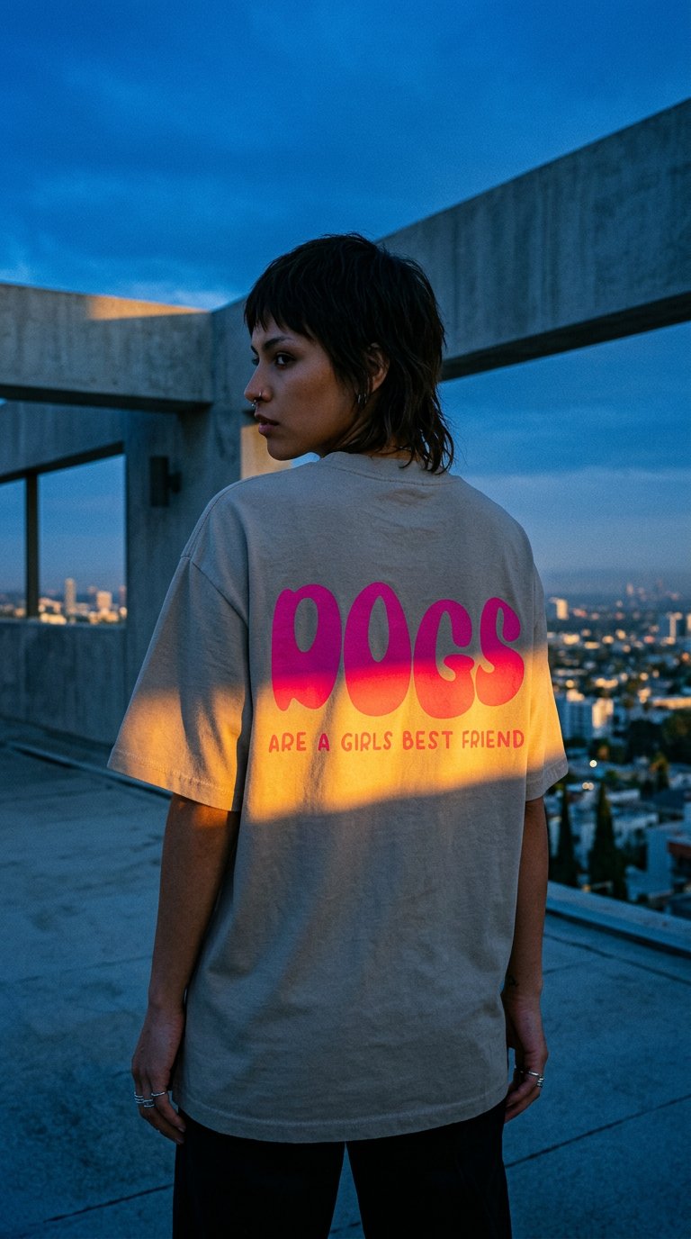 AI product shot of UNISEX T-SHIRT "DOGS ARE A GIRLS BEST FRIEND"