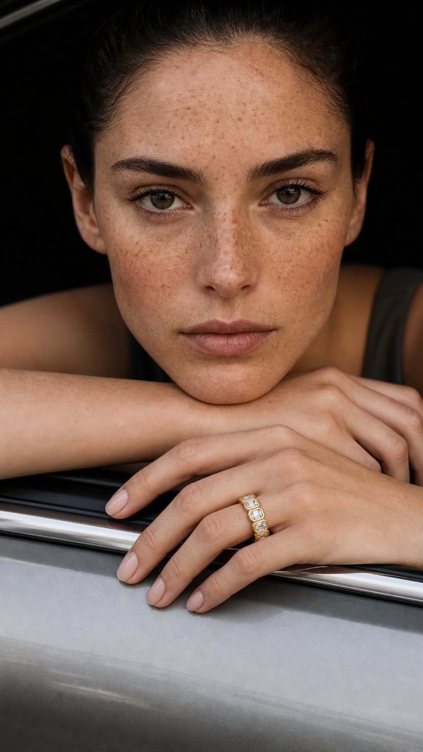 AI product shot of 18k Gold Emerald Cut Lab Diamond Eternity Ring