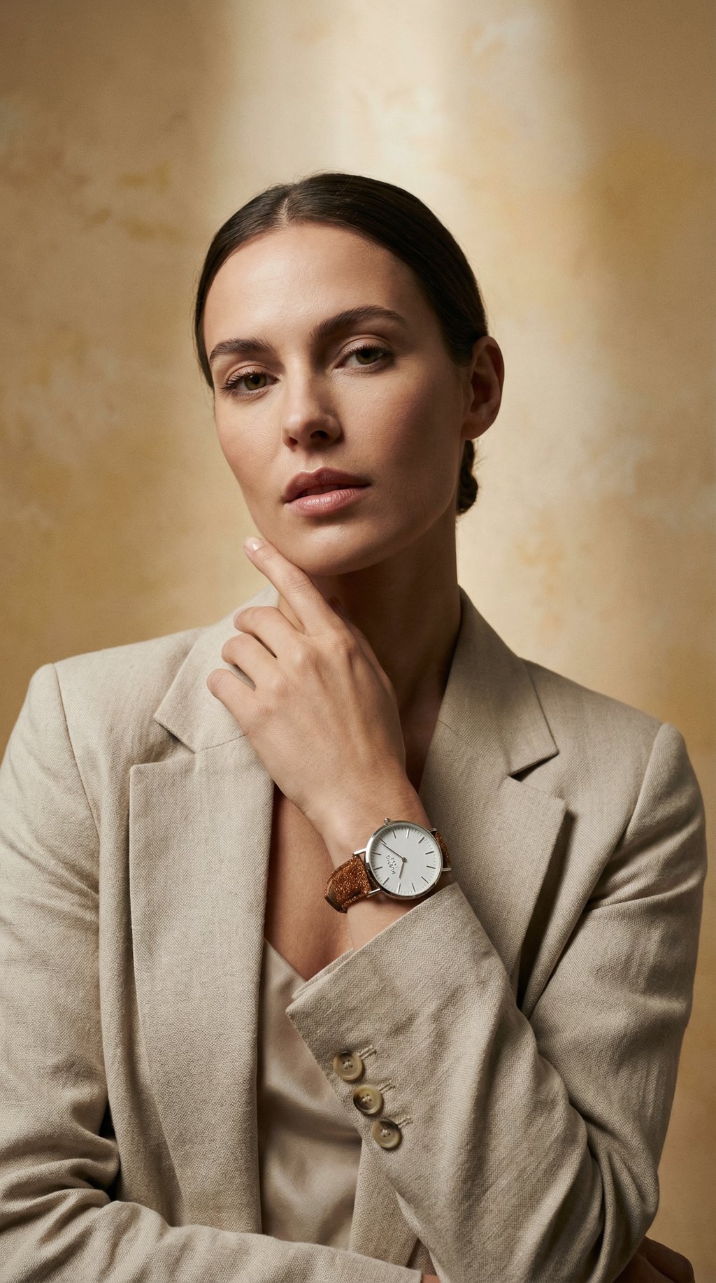 AI product shot of Hymnal Vegan Watch Tweed Silver, White & Camel Brown - Camel Tweed