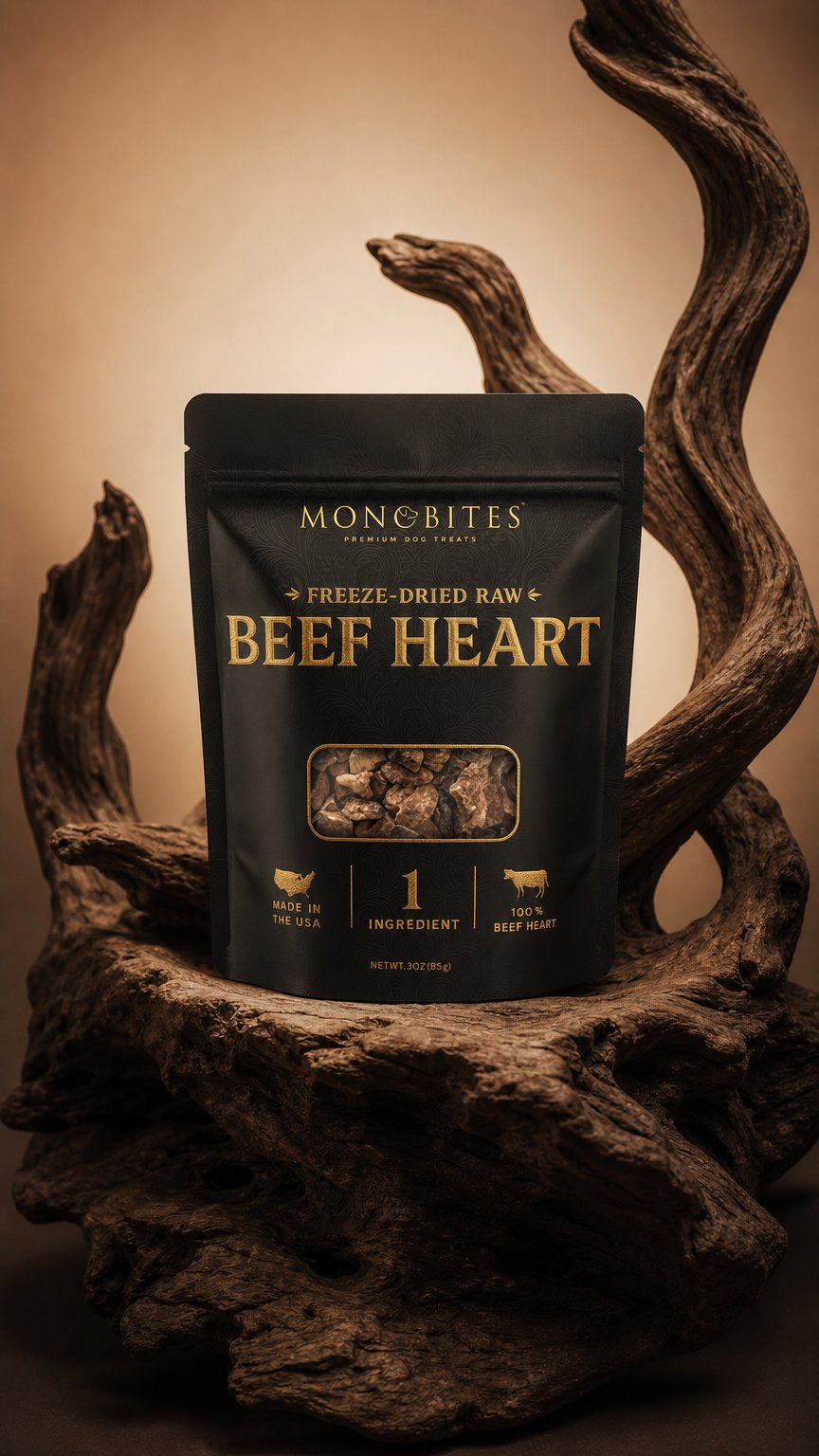 AI product shot of MonoBites Premium Freeze-Dried Beef Heart