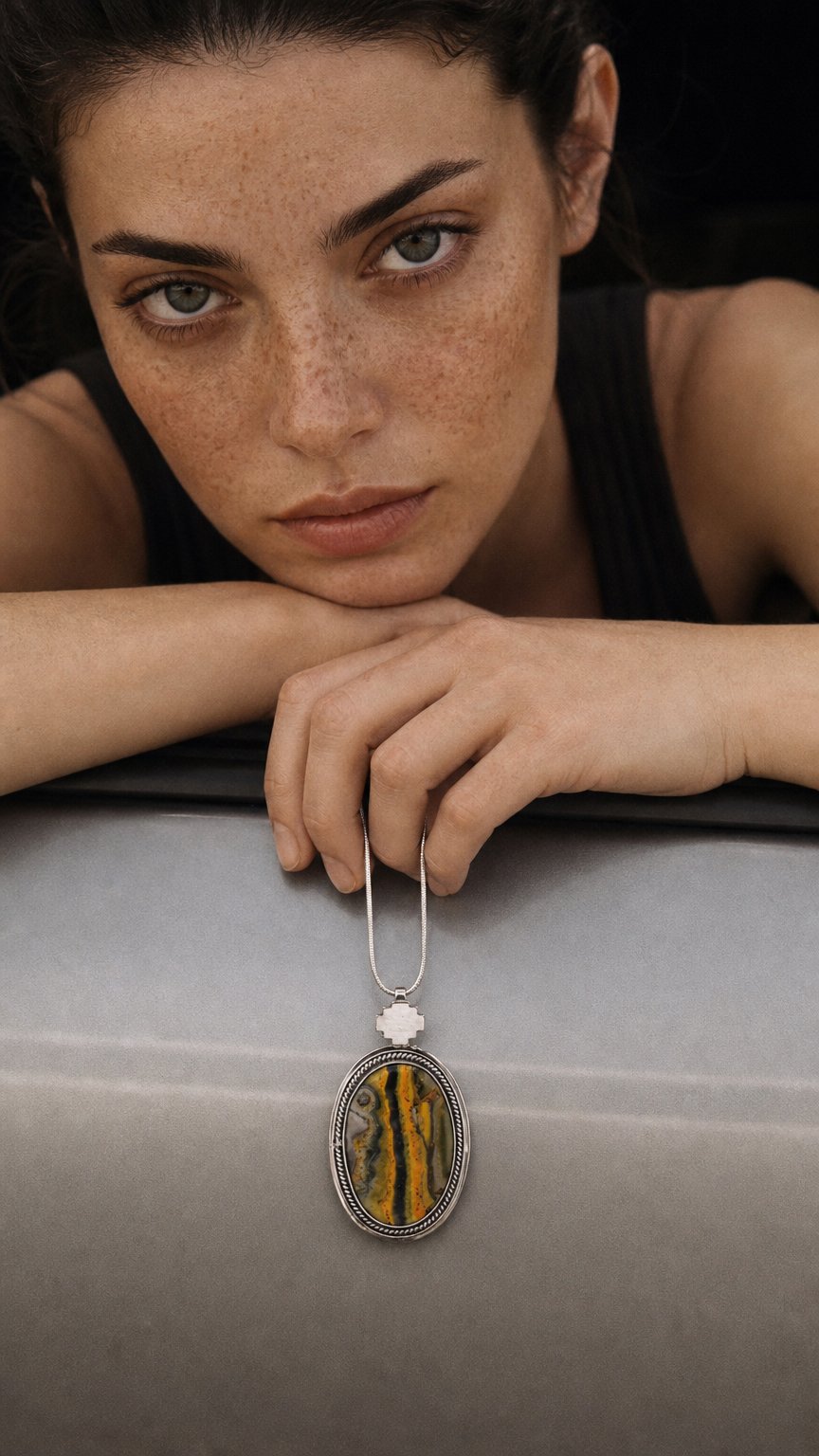 AI product shot of Bumblebee Jasper Sterling Silver Pendant