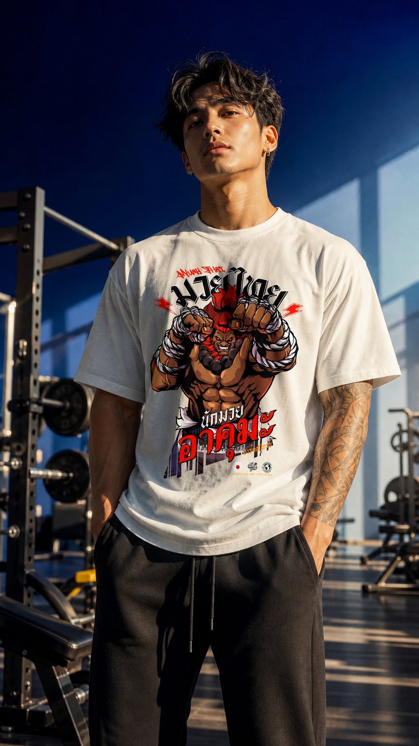 AI product shot of Athletic Fit Muay Thai T-Shirt - Oni Hardstripe