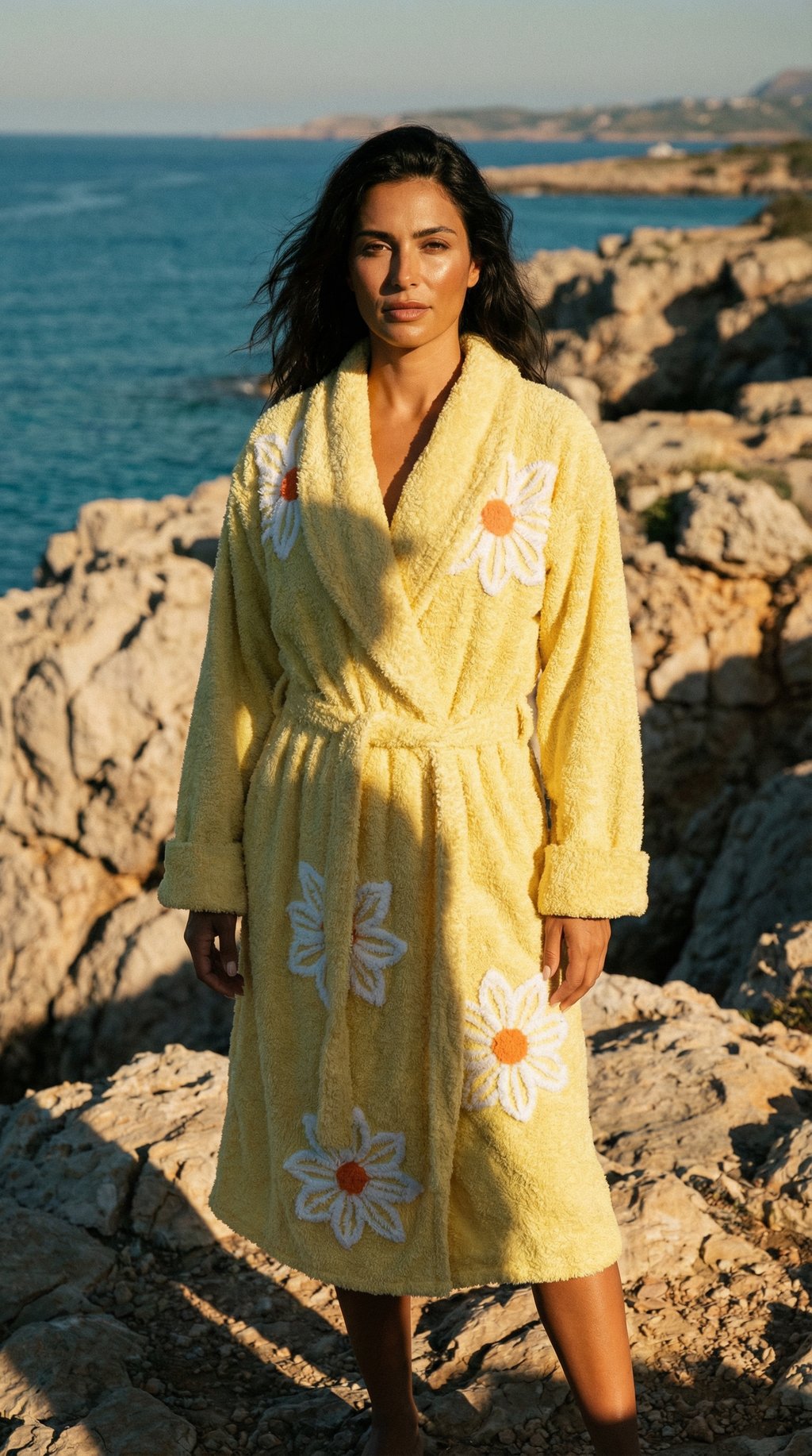 AI product shot of Luxurious “Falling Daisies” Chenille bathrobe in Sunshine Yellow