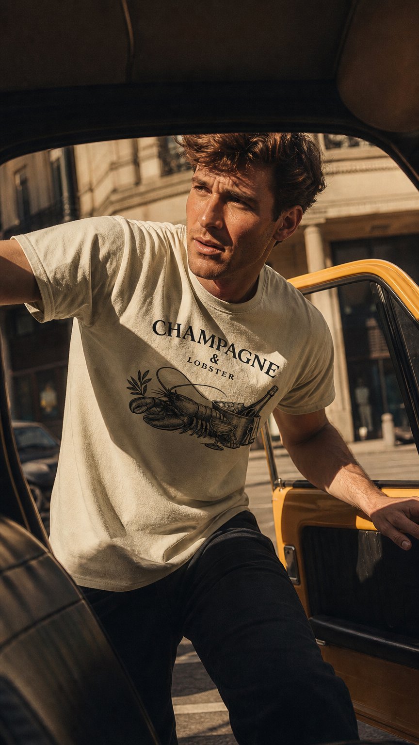 AI product shot of Champagne & Lobster Tee — Natural