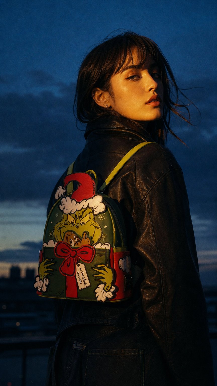 AI product shot of Dr. Seuss The Grinch Present Loungefly Mini Backpack