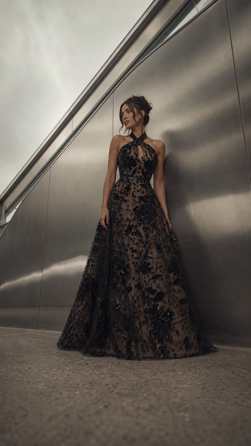 AI product shot of NOIRÉA | Black Sequin Lace Halter A-Line Maxi Gown