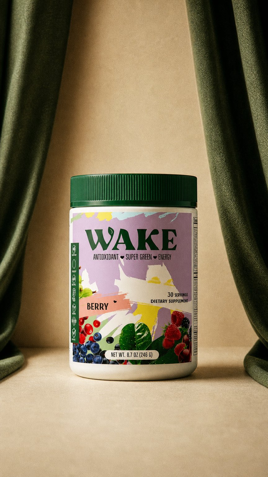 AI product shot of Wake Super Greens – Berry