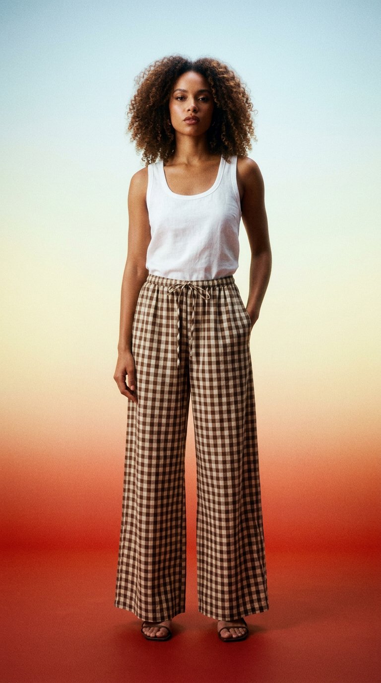 AI product shot of Raya Pants Brown Check