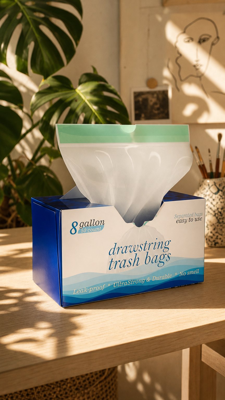 AI product shot of 8 Gallon Drawstring Garbage Bags 0.8 Mil Ultra Strong Medium Kitchen Trash Bags Medium Plastic Bags - Individual, Unscented, White, 23"x27", 50 Count