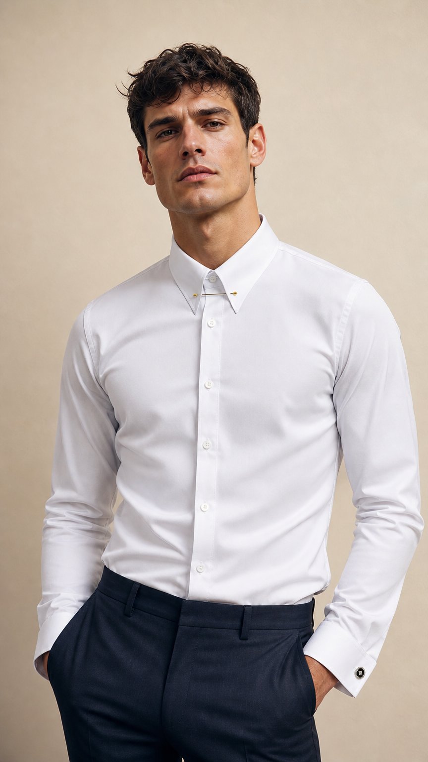 AI product shot of Mens Collar Bar White Dress Shirt in Luxury Giza 100 % Cotton | Panache Bespoke
