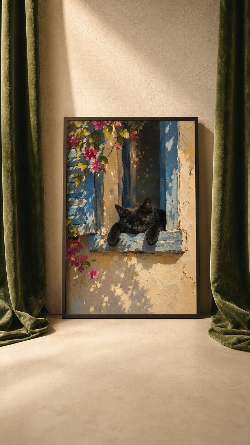 AI product shot of Sleeping Black Cat Wall Art Print, Mediterranean Window Cat Painting, Cozy Decor