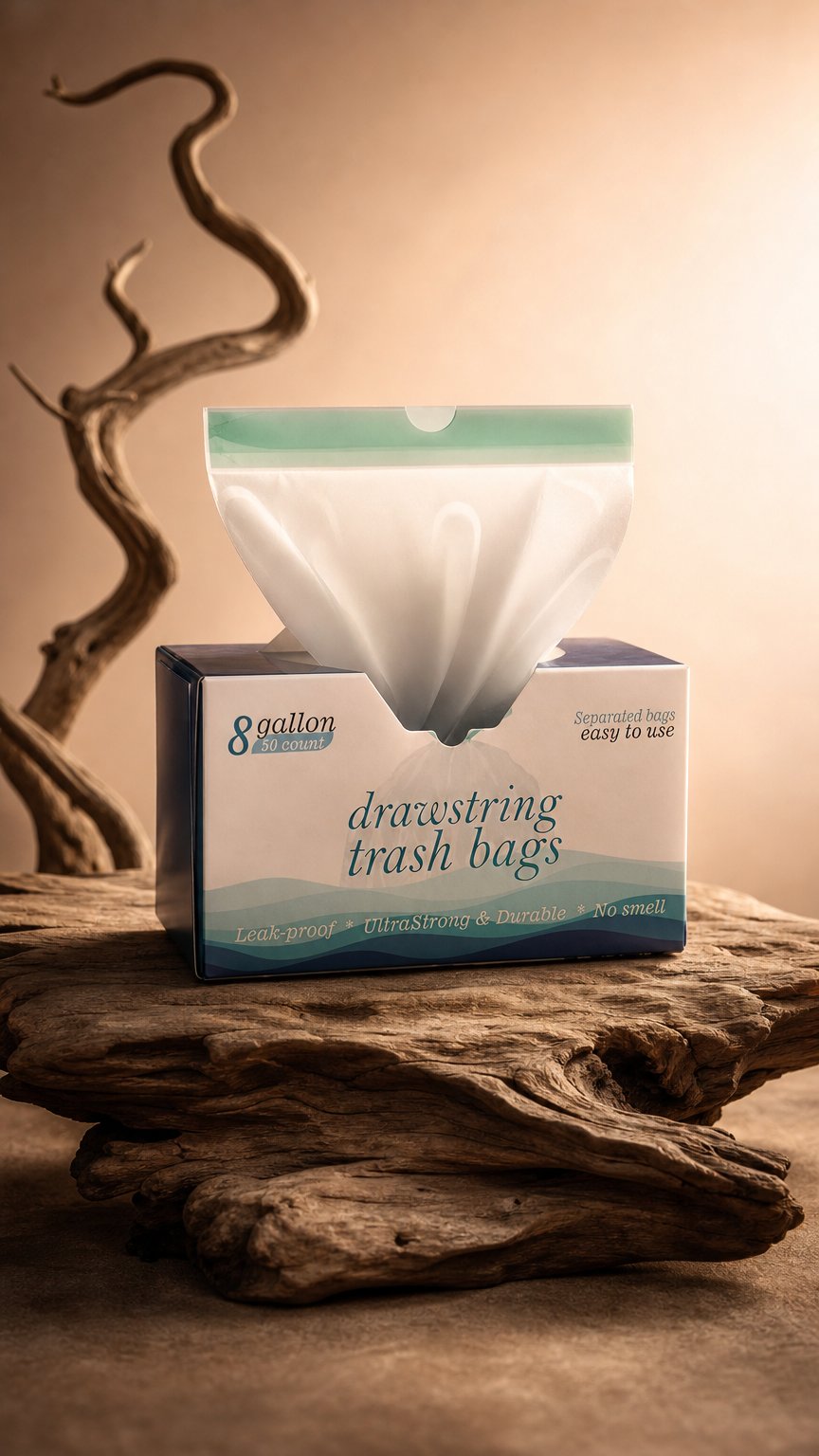 AI product shot of 8 Gallon Drawstring Garbage Bags 0.8 Mil Ultra Strong Medium Kitchen Trash Bags Medium Plastic Bags - Individual, Unscented, White, 23"x27", 50 Count