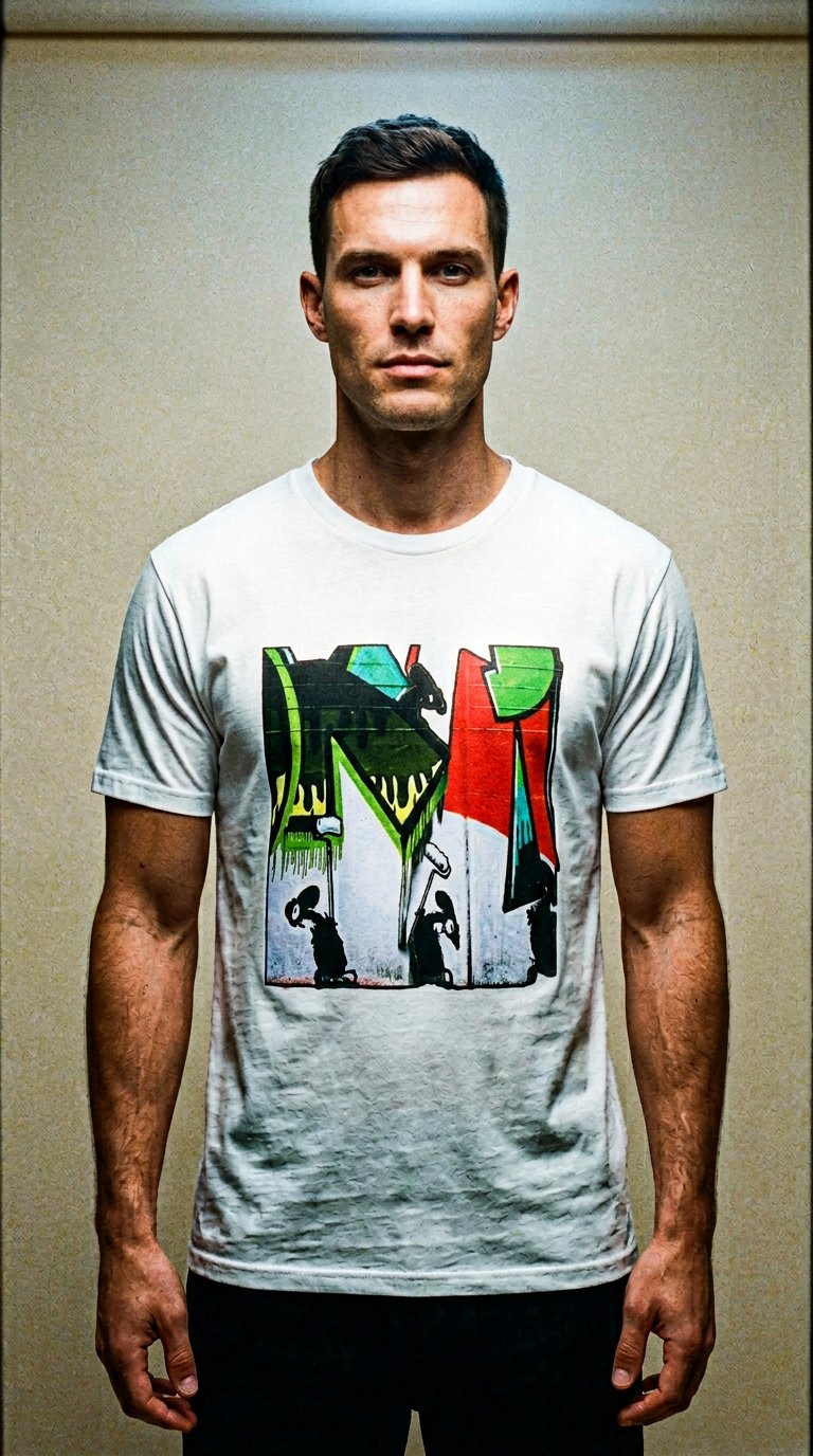 AI product shot of Erthe Apparel Mouse Work Tee: Urban Art-Inspired Streetwear