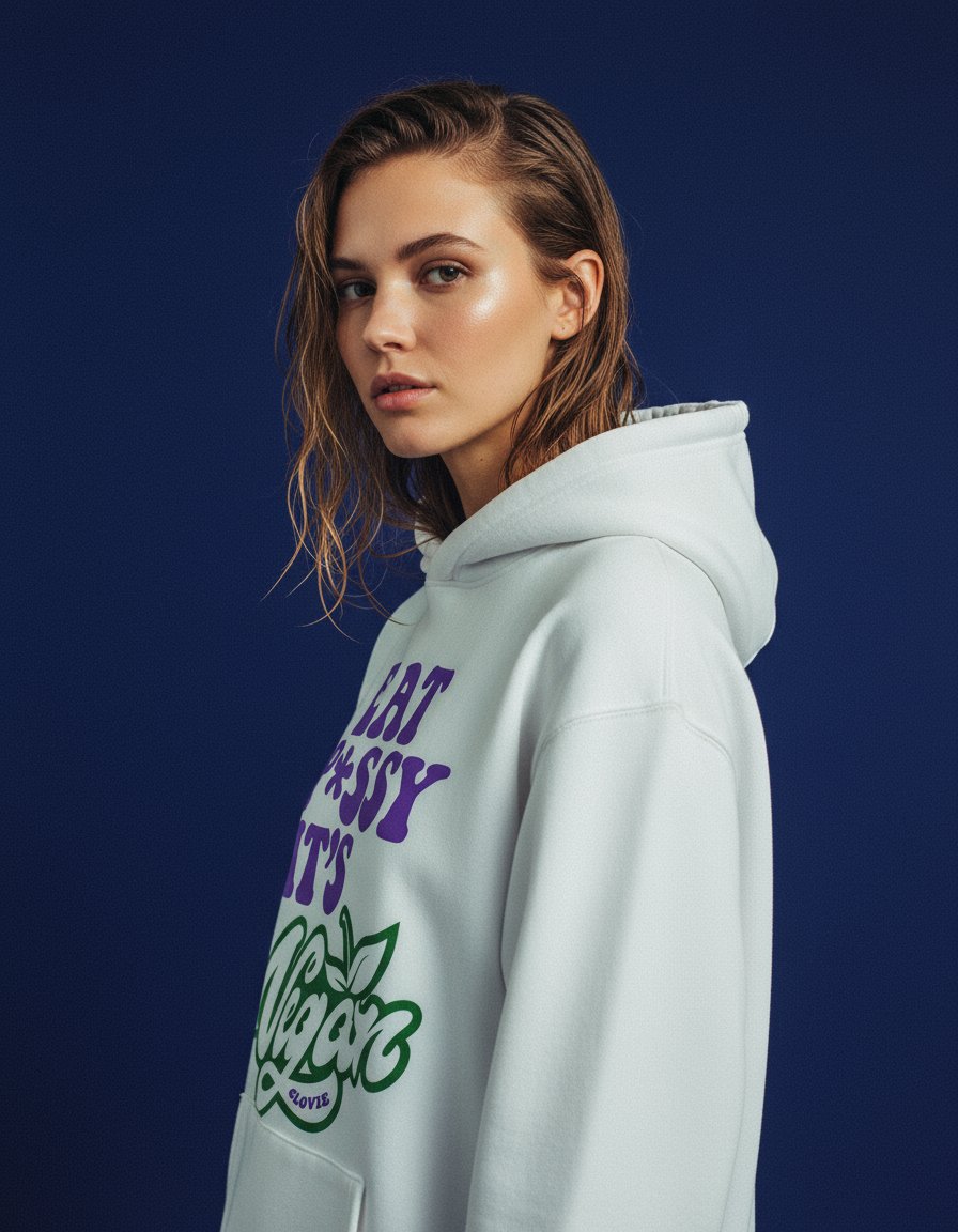 AI product shot of Eat p*ssy it´s vegan - Oversized Hoodie