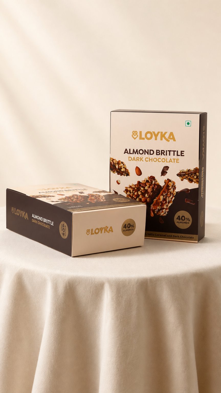 AI product shot of Almond Brittle Dark Chocolate 12 pcs Box With 46% Ghana Dark Chocolate