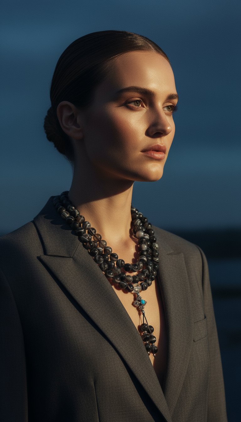 AI product shot of Black Dzi Beads Mala + Free Chant A Mantra Booklet