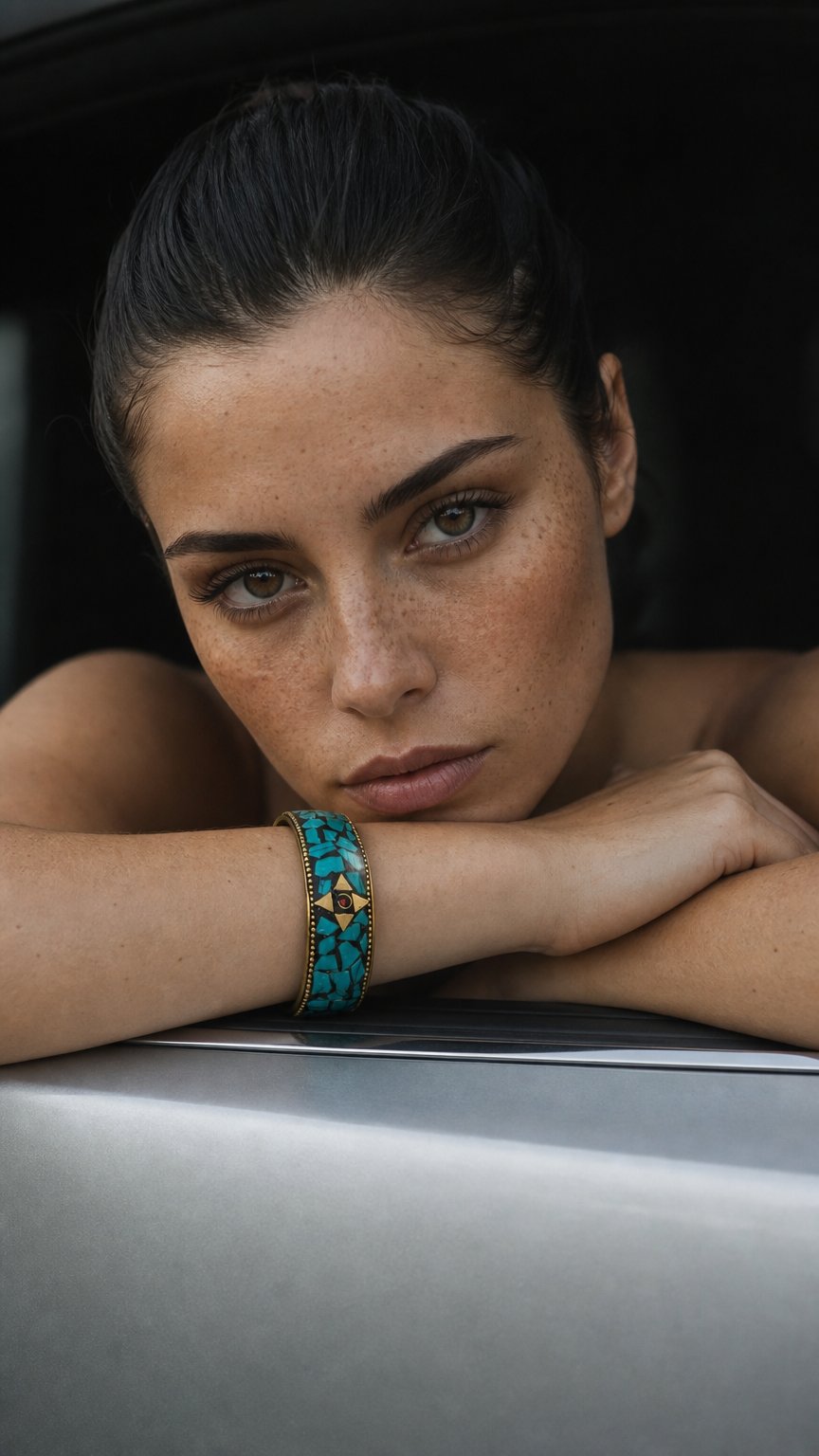 AI product shot of Tibetan style bangle | Brass and Stone | Turquoise blue stone