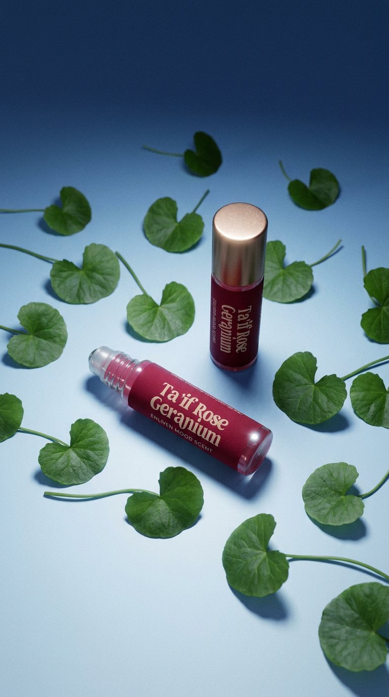 AI product shot of Enliven Taif Rose Geranium Mood Scent (Dramatically Divine Floral)