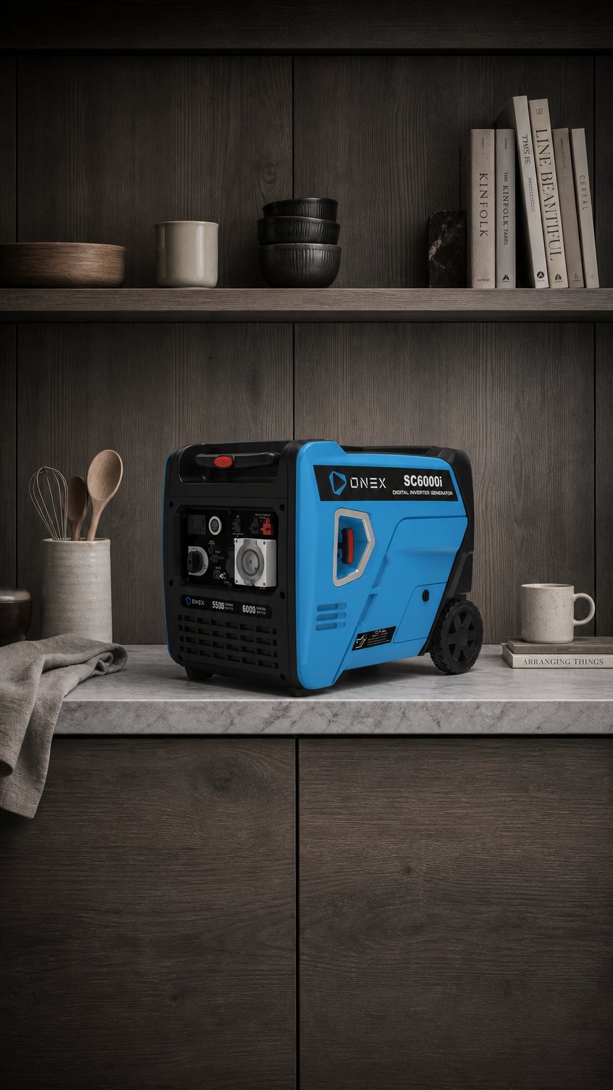AI product shot of ONEX POWER SC6000i Inverter Generator - Max. 6.0kw w/ AC240v / 1 x 15A IP44, 1 x 32A IP66 Socket/ Ignition: Remote, Electric, Recoil/ Parallel capable.